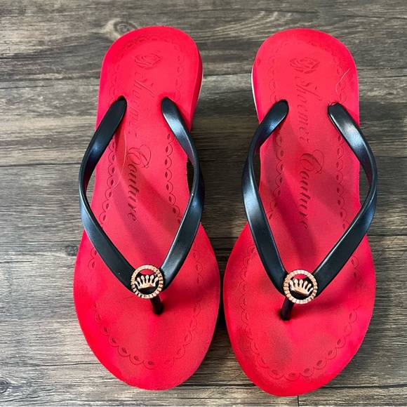 Shoemer Couture Red Black Stripes Platform Wedge Thong Sandals Slides Casual 8 - Picture 5 of 10